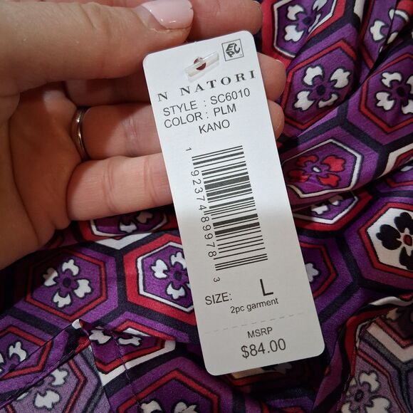 NWT NATORI Kano PJ 2pc Set In Plum Purpe Abstract Floral Pajamas Lounge Satin L - Picture 5 of 8